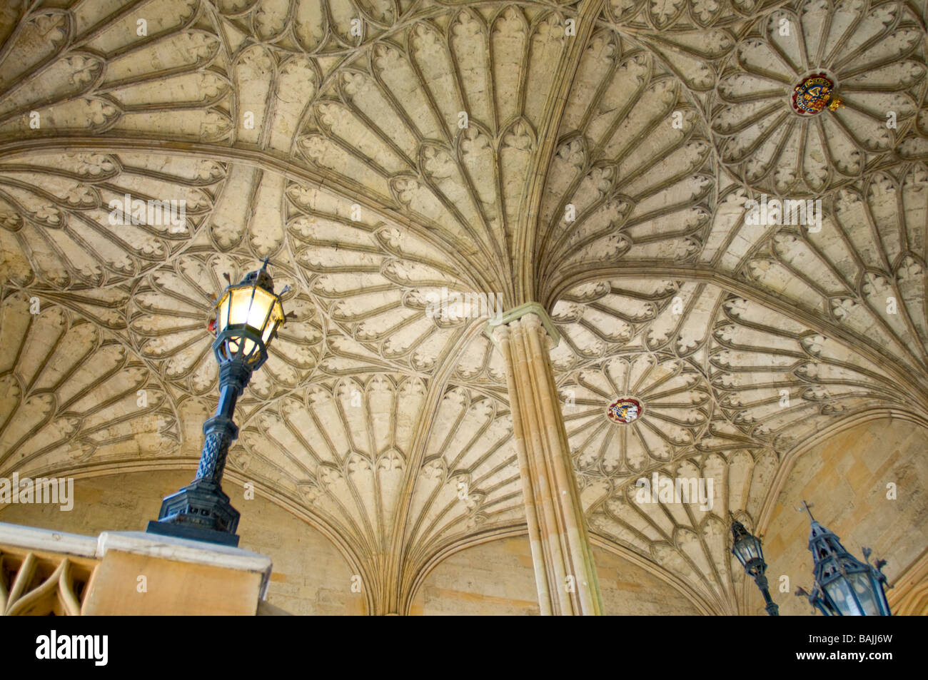 Oxford, England, Vereinigtes Königreich. Christ Church College. Ventilator gewölbte Decke (1638) über die Treppe (James Wyatt, 1805) zum Speisesaal Stockfoto