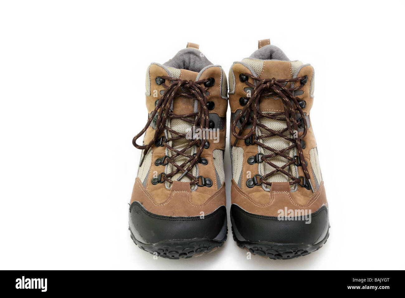 Paar Wanderschuhe auf weißem Hintergrund Stockfoto