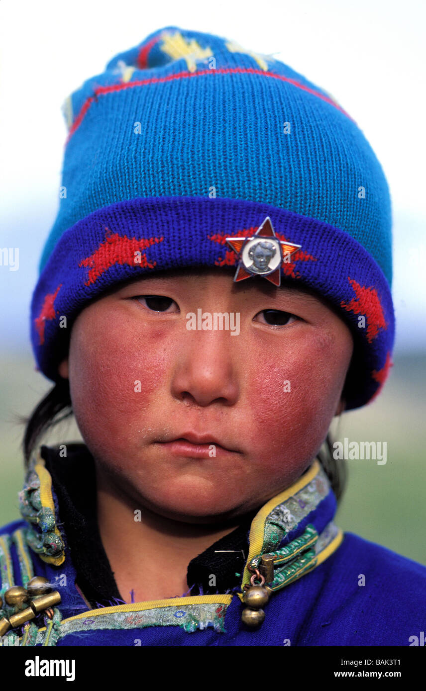 Mongolei, Provinz Arkhangai, Porträt eines jungen Nomaden Stockfoto