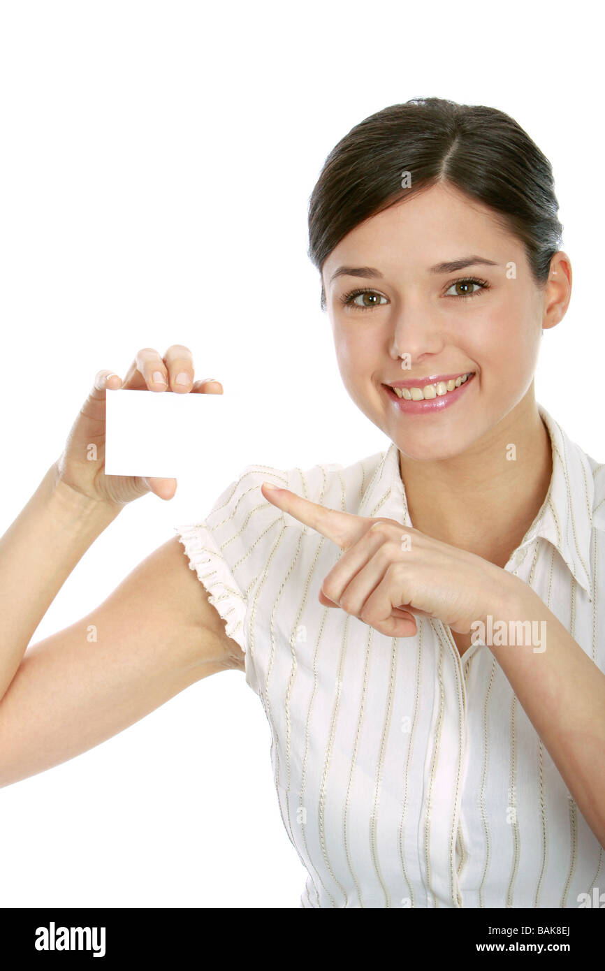 junge Frau mit Leere Visitenkarte Stockfoto