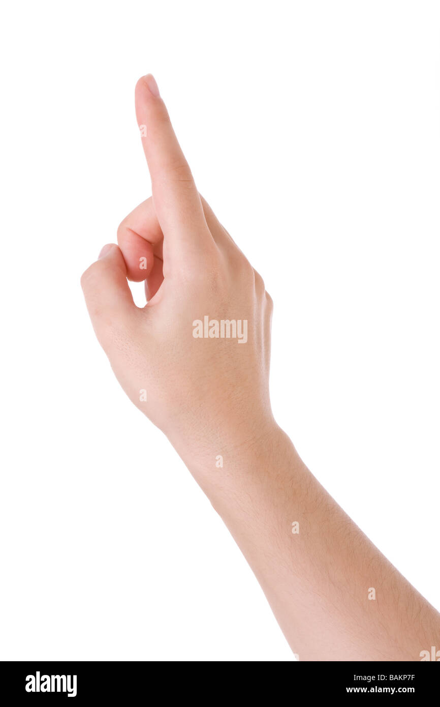 Hand, die zeigt, berühren oder drücken auf weiß isoliert. Kaukasische weiblich. Stockfoto