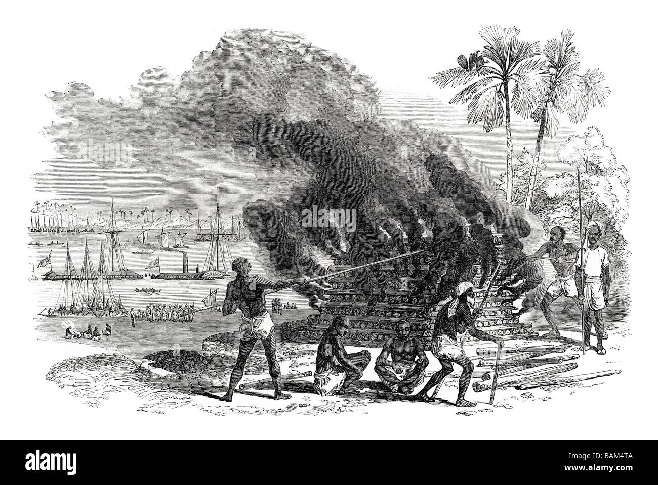Brennen des Körpers des verstorbenen Dewan Moolraj verstreut Mulraj auf einer Sandbank in der Ganges 1851 eingeäscherten Asche Beerdigung Stockfoto