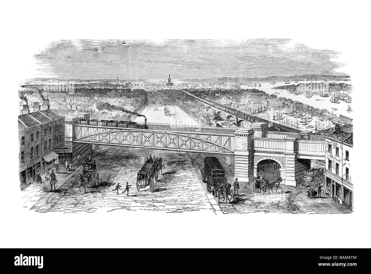 Bogen Frühjahr Brücke Stepney Bahnhof eiserne Viadukt Eisenbahn Commercial Road Viereckturm Stepney Kirche London 1851 Stockfoto