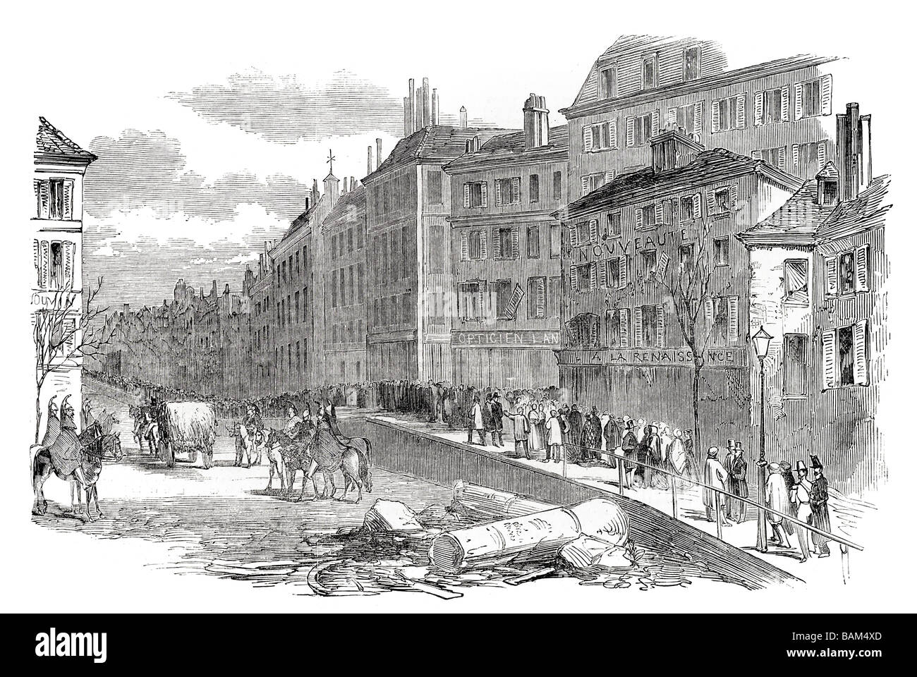 Barrikade Boulevard Bonne Nouvelle 1848 französische Revolution Frankreich Europa Orleans Monarchie zweiten Republik Republik blutigen rebel Stockfoto