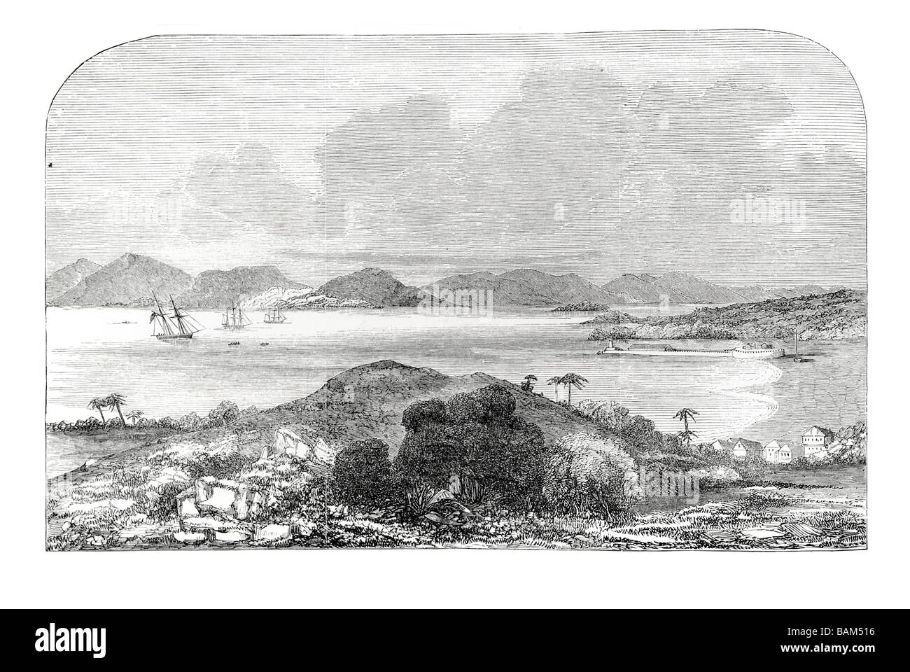 Portobello 1851 Hafenstadt Colón Provinz Panama-Isthmus-neu-Granada Schatz Flotten Port Hafen Küste Dock Segel Segelboot Stockfoto