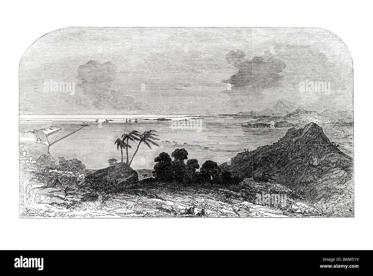 Bucht und Hafen von Panama 1851 Hafen Küste Dock Segel Segelboot Wind Schiff Wellen Golf Stockfoto
