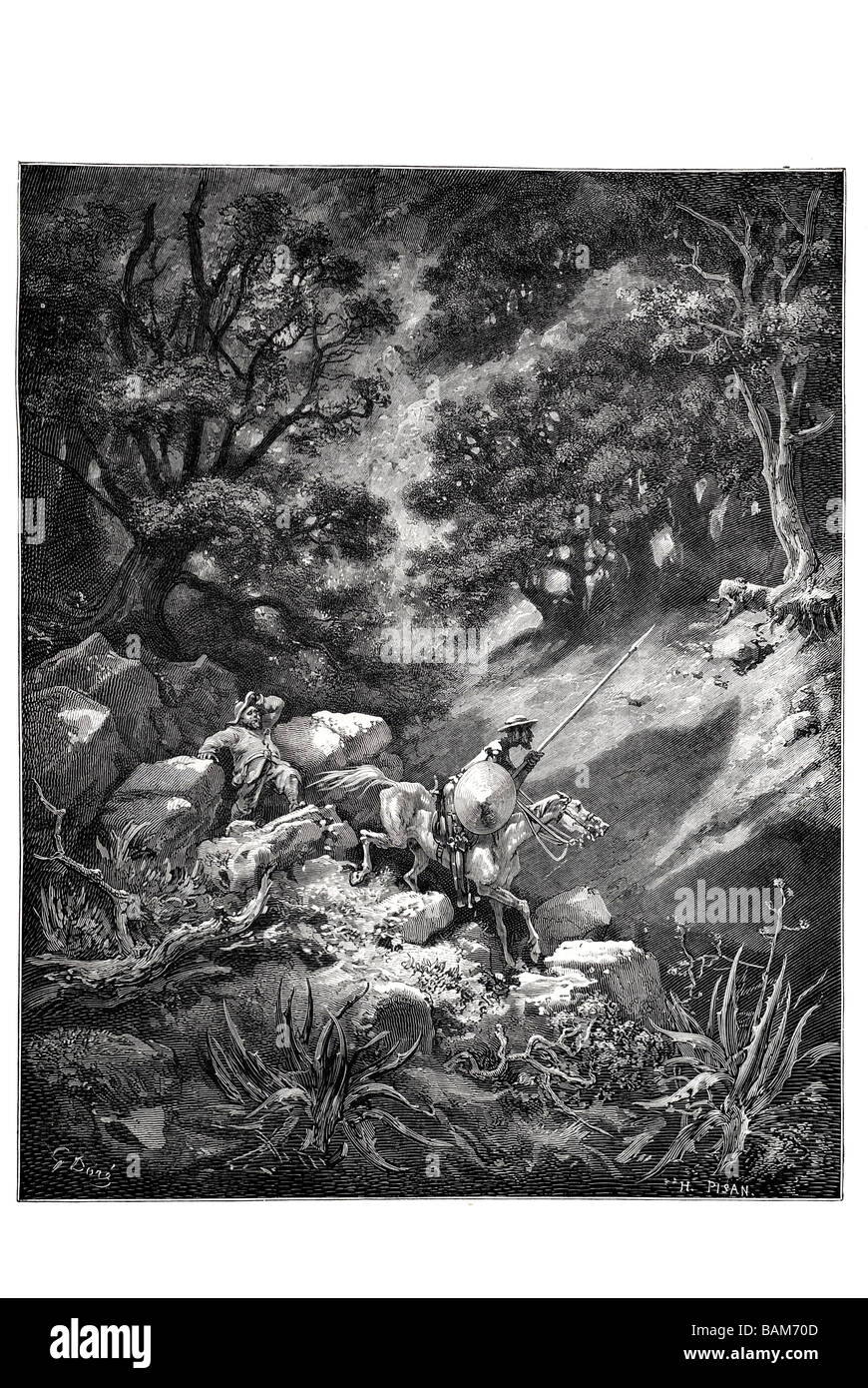 aber mein Herr sprach Sancho zu beten ist es ein gutes Gesetz des Rittertums, die sagt, wir werden bis Ansd bummeln Sie über Büsche und Gestrüpp in diesem Roc Stockfoto