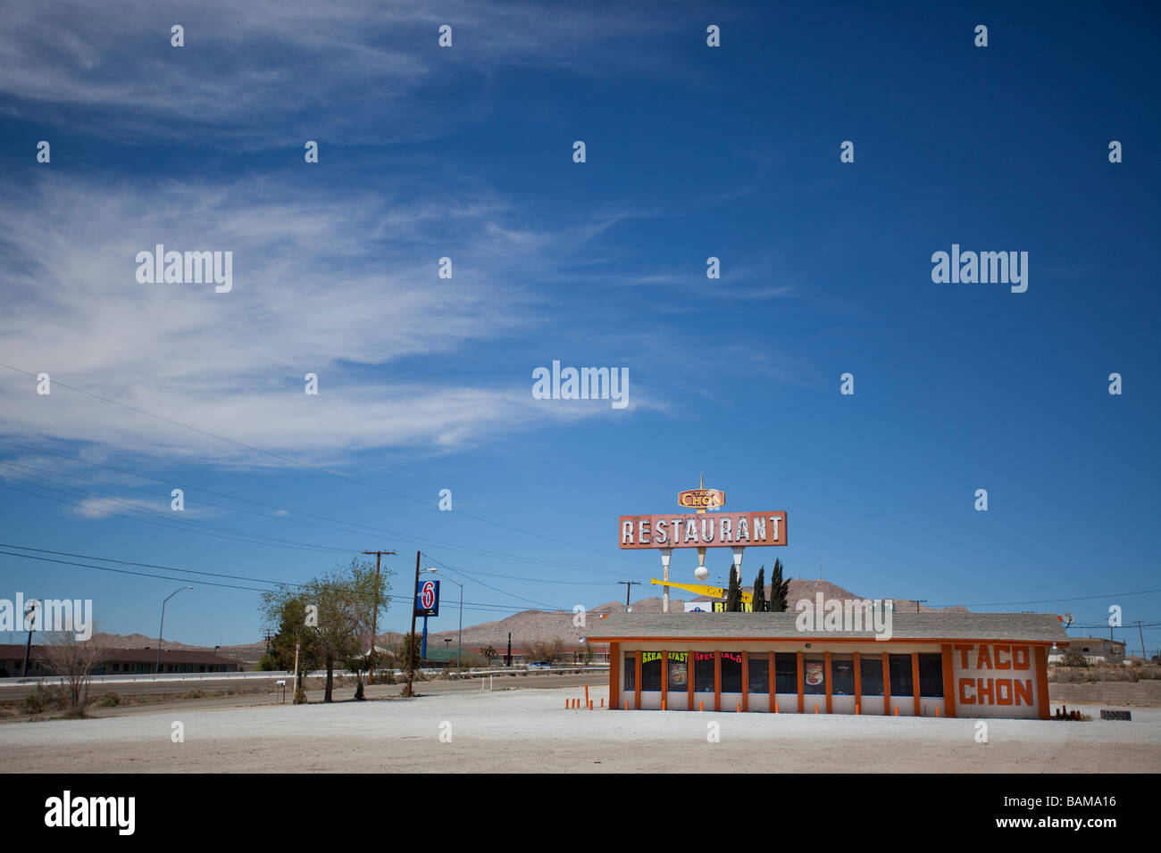 Restaurant in der Mojave-Wüste, Kalifornien, USA, Vereinigte Staaten von Amerika. Stockfoto