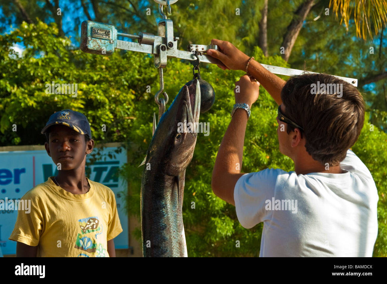 Big Game Fischer mit Wahoo Fisch auf Skala Le Morne Mauritius | Hochseeangler Mit Fisch Wahoo der Waage Le Morne Mauritius Stockfoto