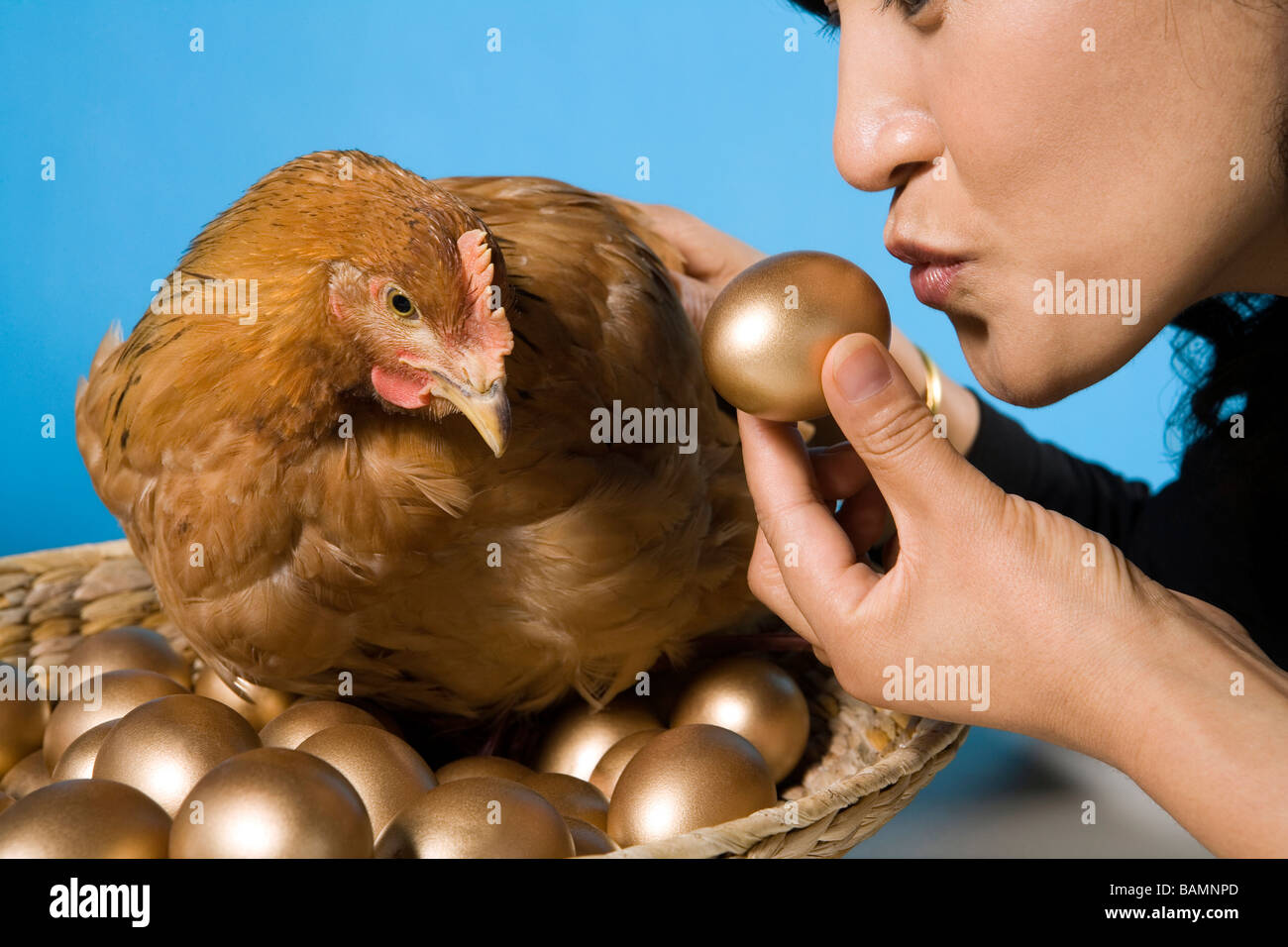 Geschäftsmann mit Huhn und goldenen Eiern Stockfoto