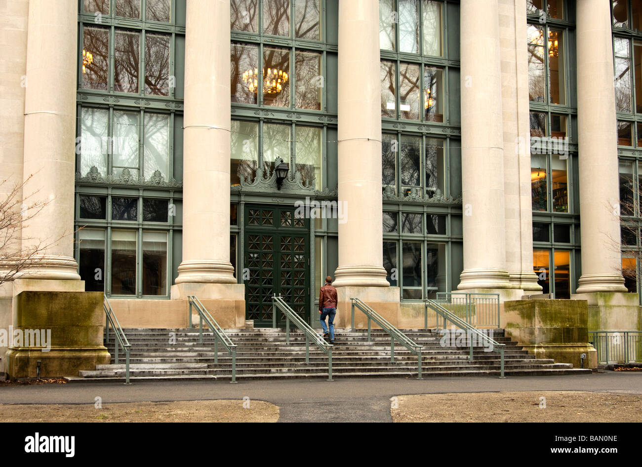 Eingang an der Harvard Law School Bibliothek Langdell Hall auf dem Campus der Harvard University, Cambridge, Massachusetts, USA Stockfoto
