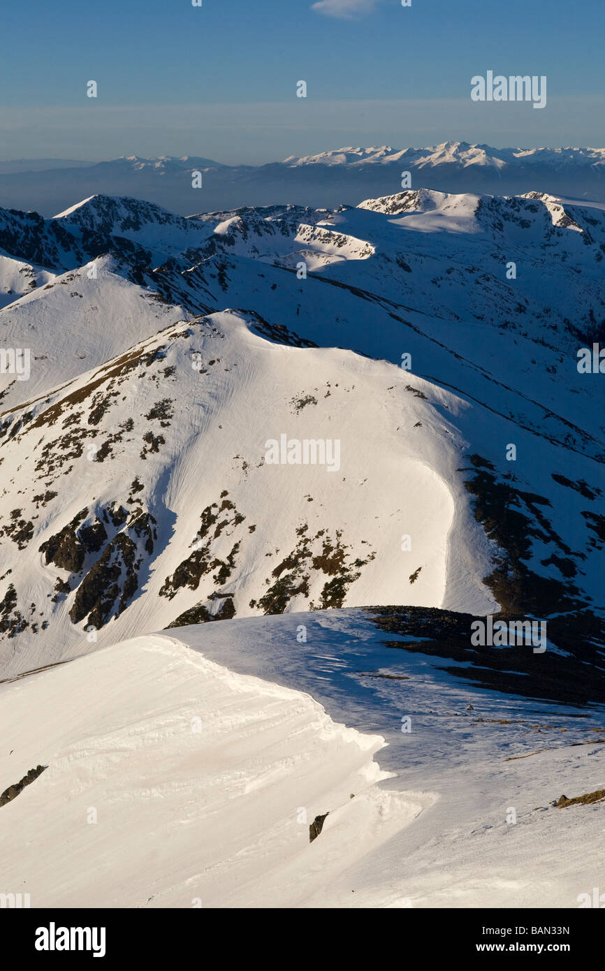 Winterlandschaft, Blick vom Mussala Gipfel, Bergrücken, Rila Berg, der höchste Ort auf der Balkanhalbinsel, Bulgarien Stockfoto