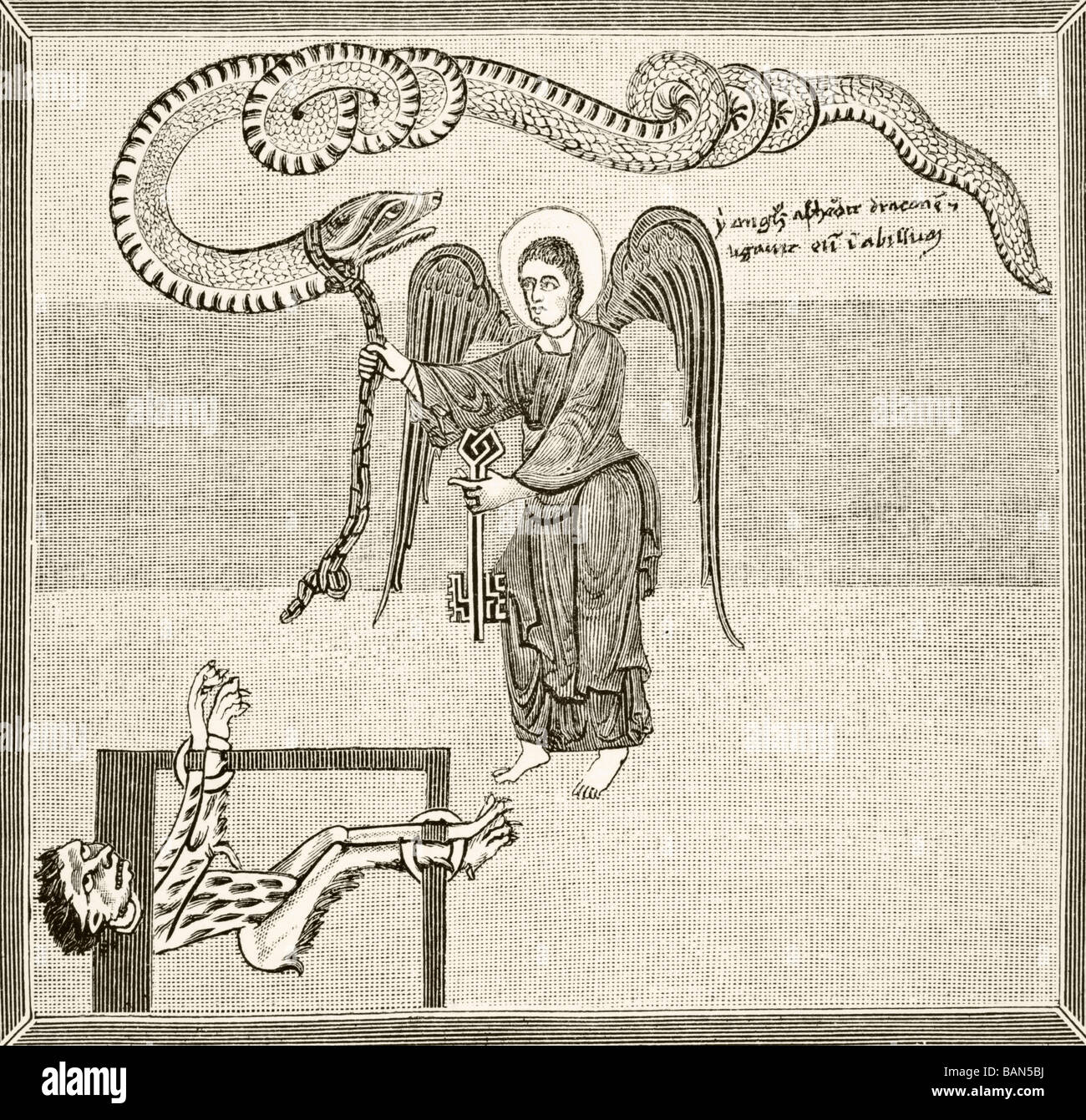 Ein Engel hält die Schlüssel der Hölle Gleichheitsideologie den Teufel in Gestalt eines Drachen in der Grube. Stockfoto