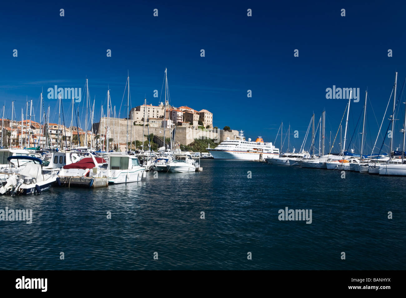 Kreuzfahrtschiff im Hafen von Calvi Korsika Frankreich betreten Stockfoto