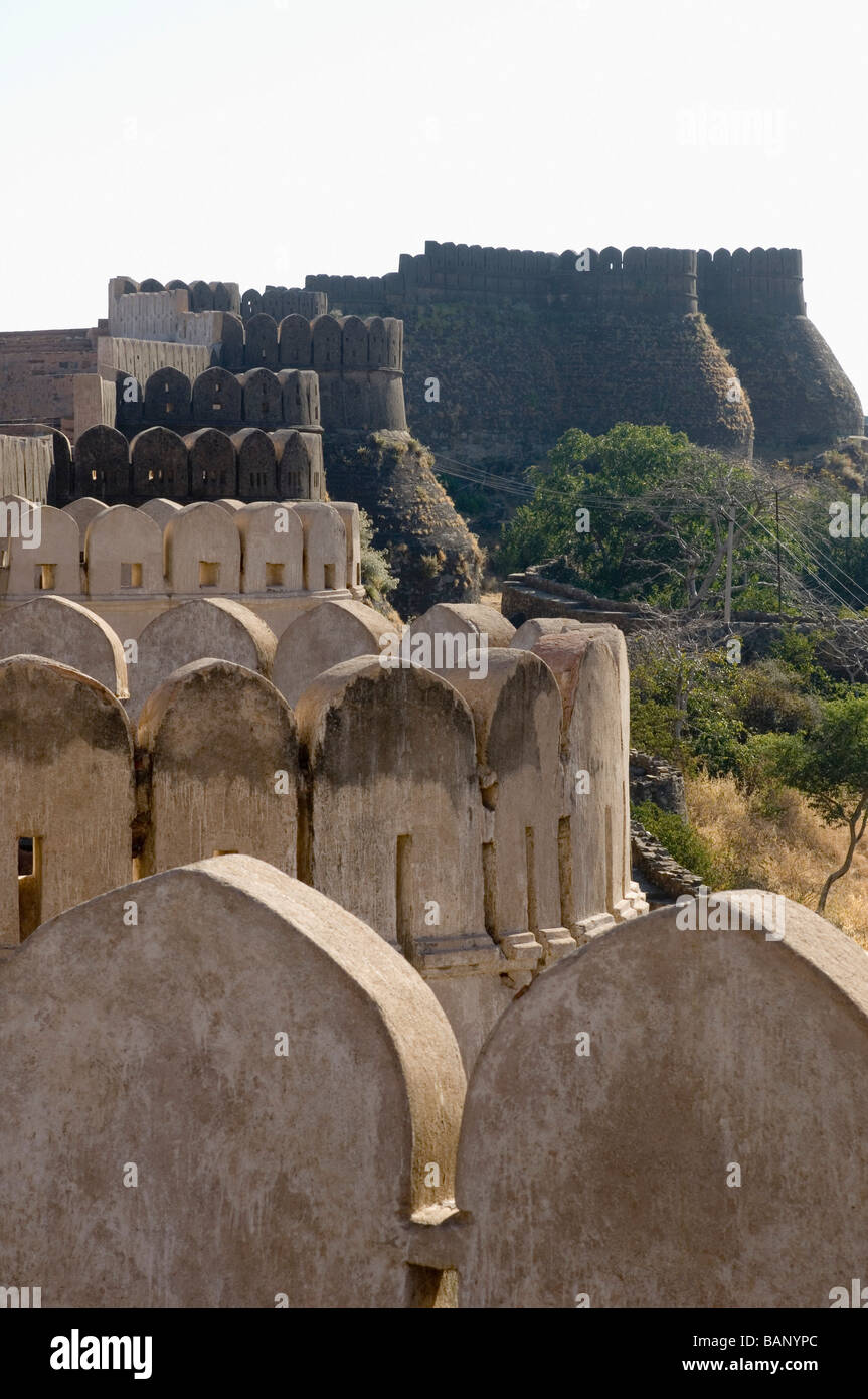 Wand eines Forts, Kumbhalgarh Fort, Udaipur, Rajasthan, Indien Stockfoto