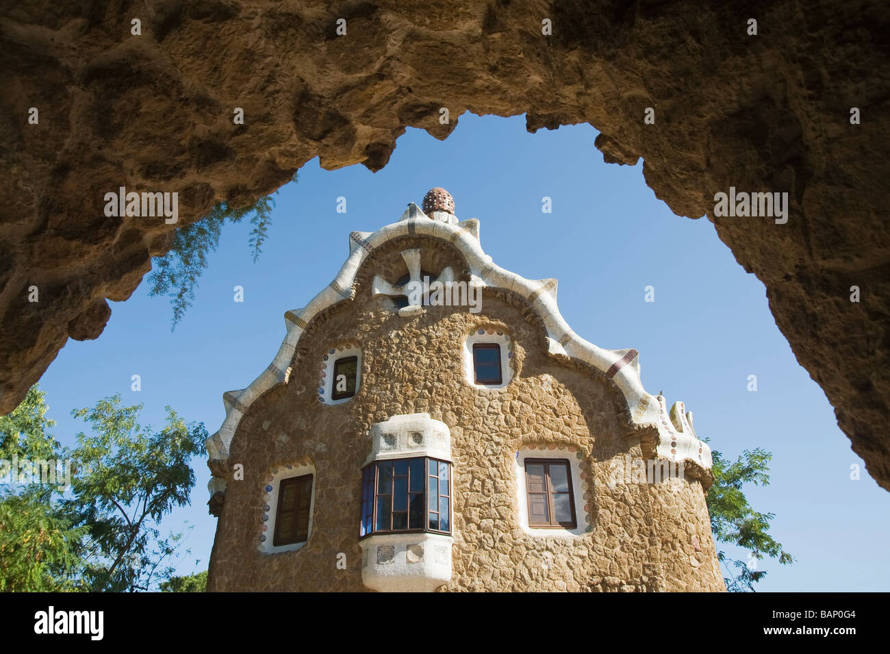 Park Güell Fairytale Pavillon Antonio Gaudi Architekt Gracia Viertel Barcelona Katalonien Spanien Stockfoto