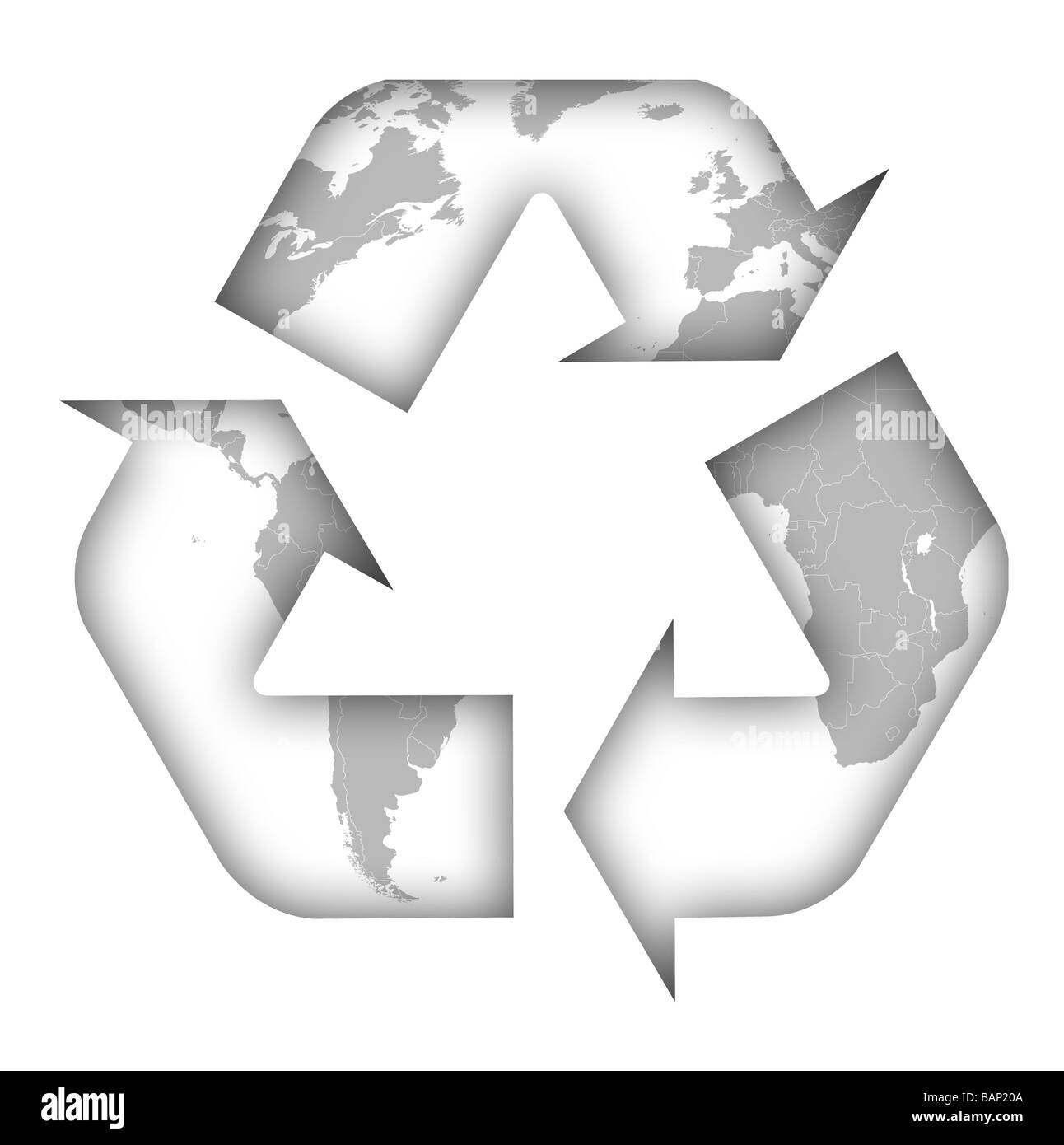 Weltkarte in Recycling-Symbol auf weißem Hintergrund Stockfoto