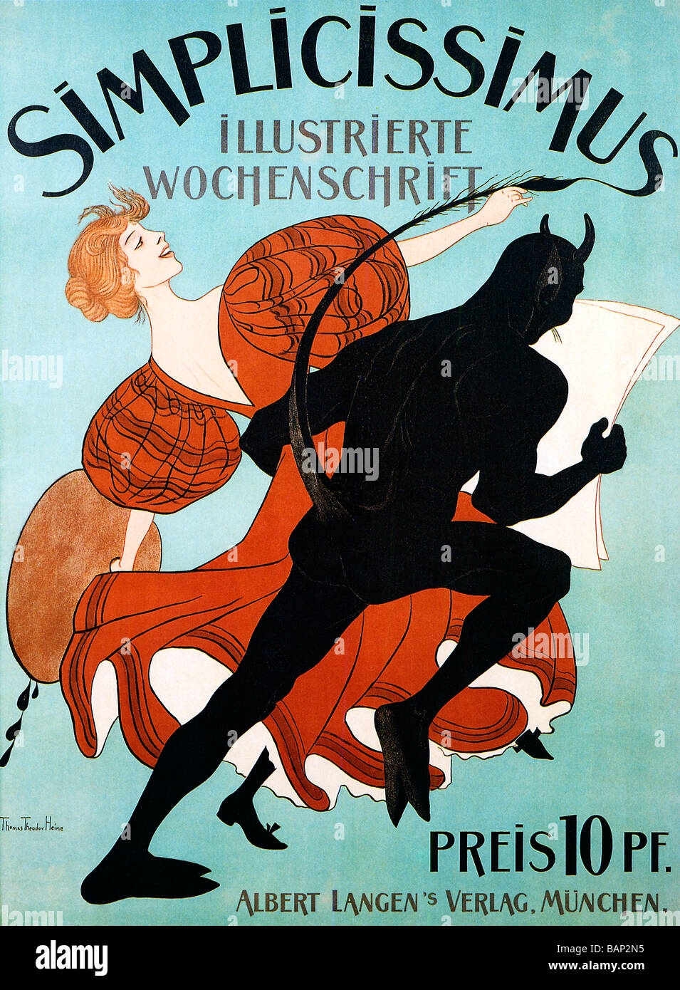 Simplicissimus 1899 Cover des Magazins "Jugendstil" von Heinrich Heine eine Frau tanzt mit dem Teufel und schreibt mit seinem Schweif Stockfoto