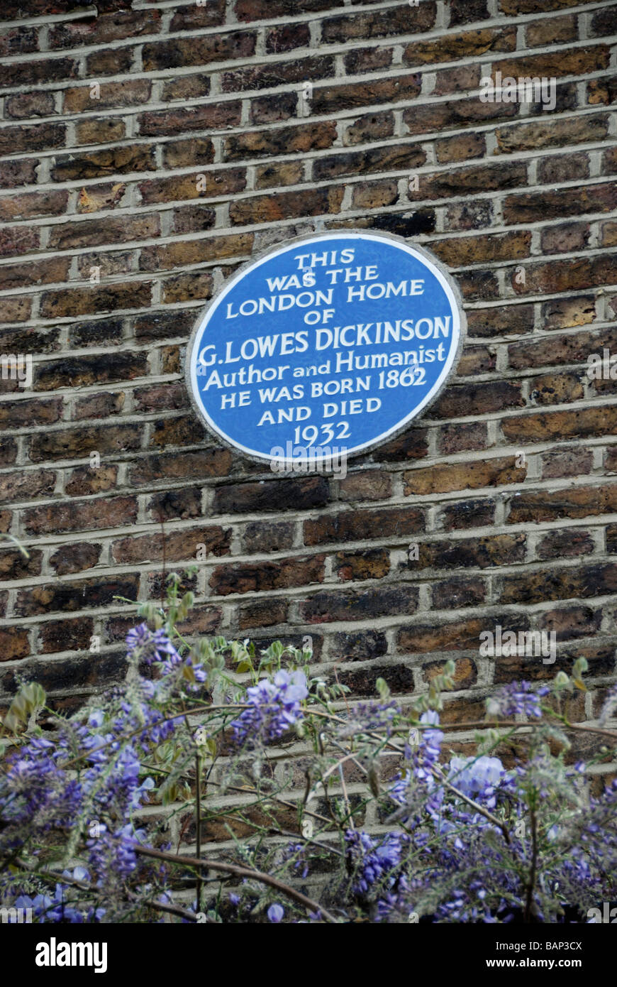 Blaue Plakette markiert das ehemalige Wohnhaus des Autors und Humanist Goldsworthy Lowes Dickinson in Edwardes Sq Kensington London Stockfoto