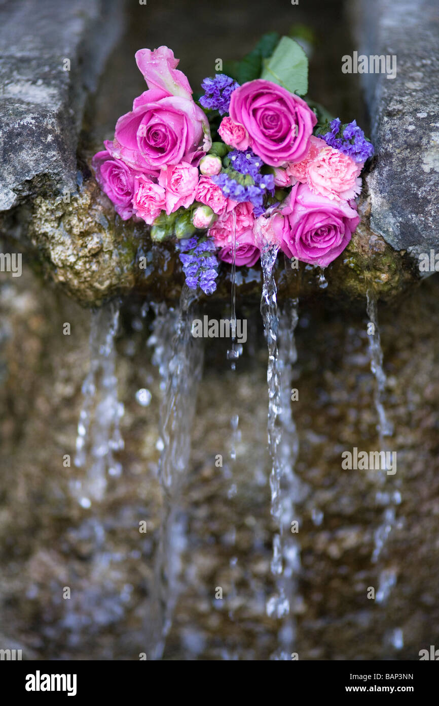 Rosen an einem Brunnen während der Bisley gut kleiden custom bei Bisley, Gloucestershire platziert. Stockfoto
