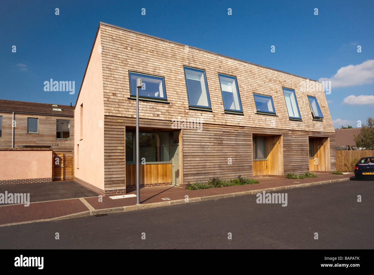 Low-cost umweltfreundliche Häuser in Elmswell Dorf in Suffolk, UK Stockfoto