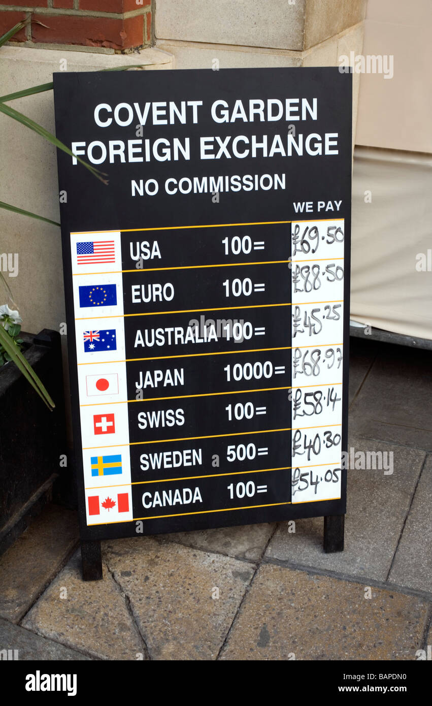 Währung Wechselkurse - Covent Garden, London, England, Vereinigtes Königreich, Großbritannien, Europa Stockfoto