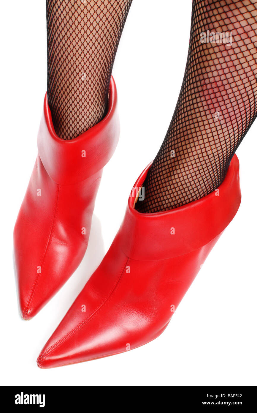 wunderschönen roten Lederstiefel und Strümpfe Stockfoto