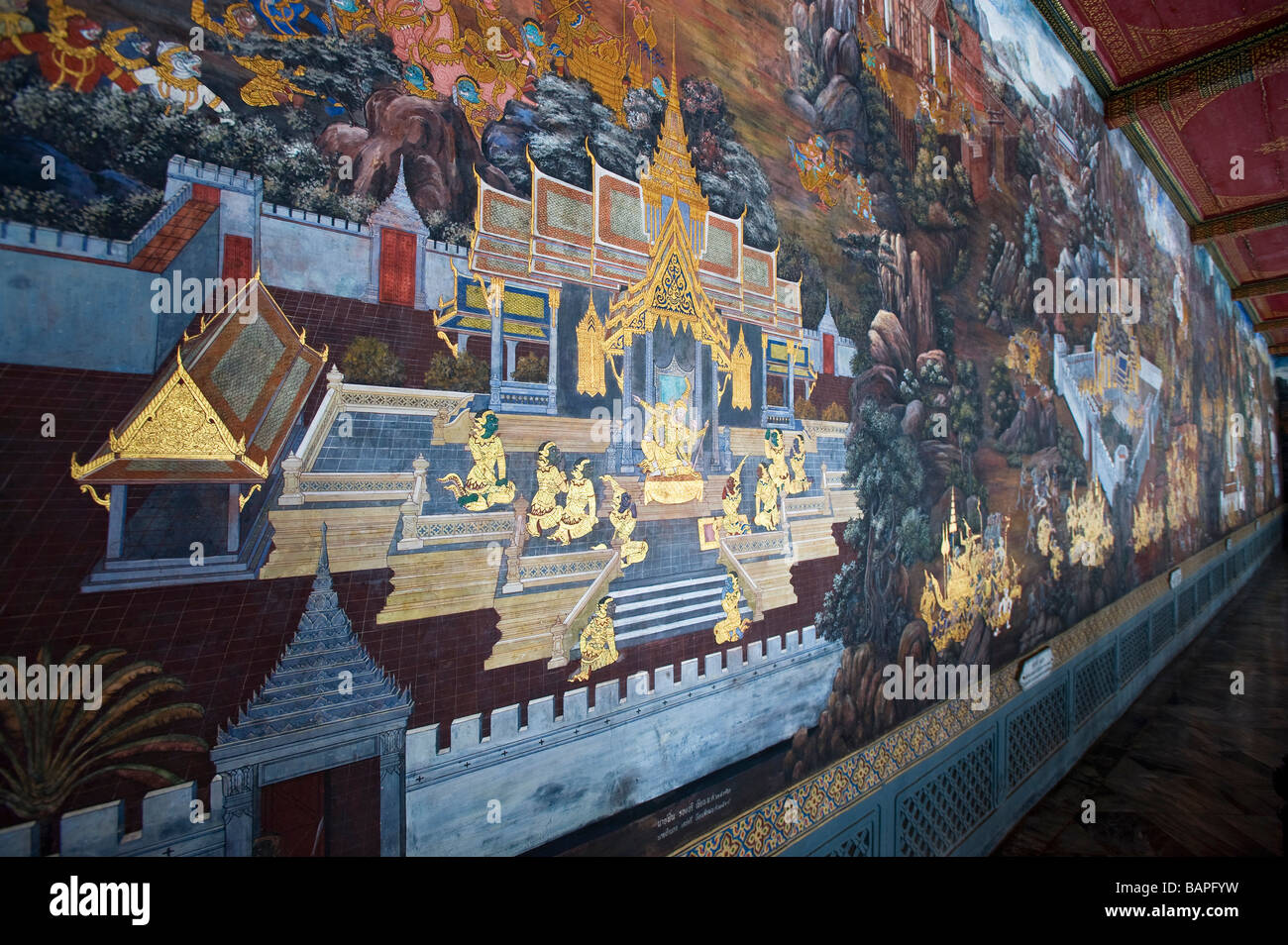 Ramayana Fresko des Ramakien im Wat Phra Kaeo, Bangkok, Thailand Stockfoto