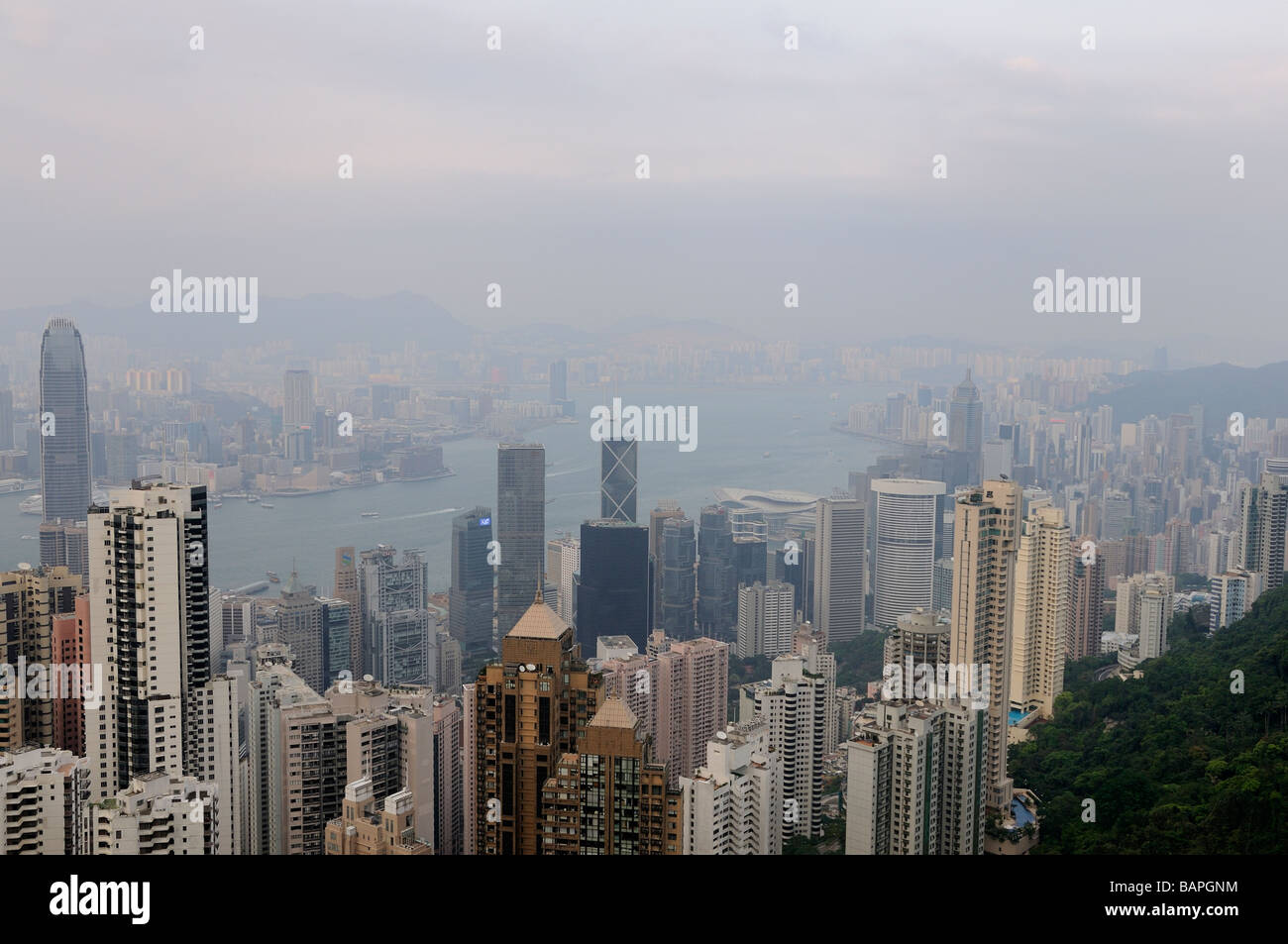 Hong Kong Island und Kowloon Stadtbild vom Gipfel Stockfoto