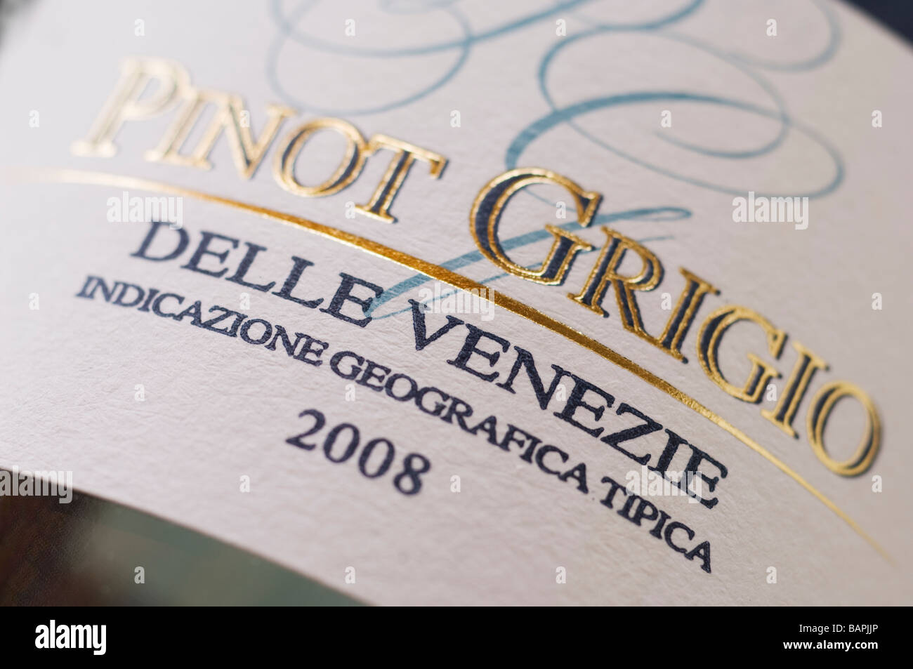 Pinot Grigio Delle Venezie Weinetikett closeup Stockfoto