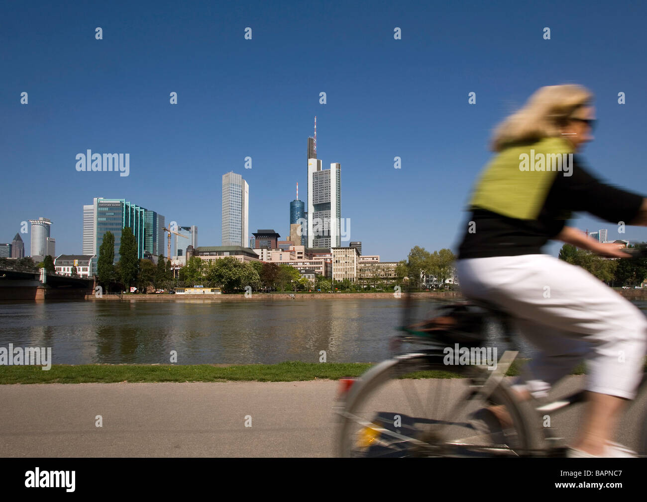 Blick auf die Skyline des Finanzplatzes mit Sitz der Commerzbank AG, Frankfurt am Main Stockfoto
