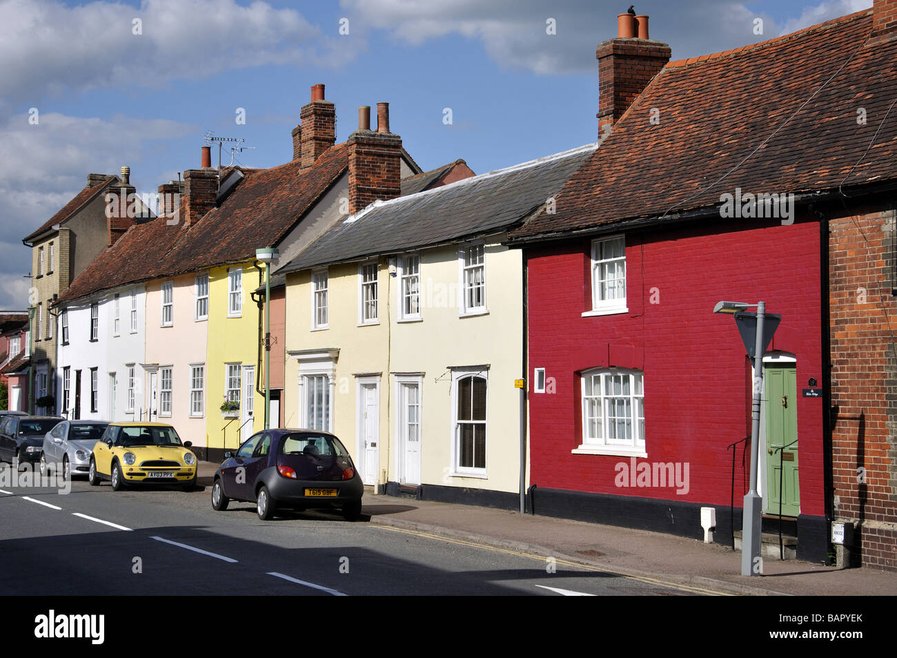 Bunte Häuser, Church Street, Clare, Suffolk, England, Vereinigtes Königreich Stockfoto