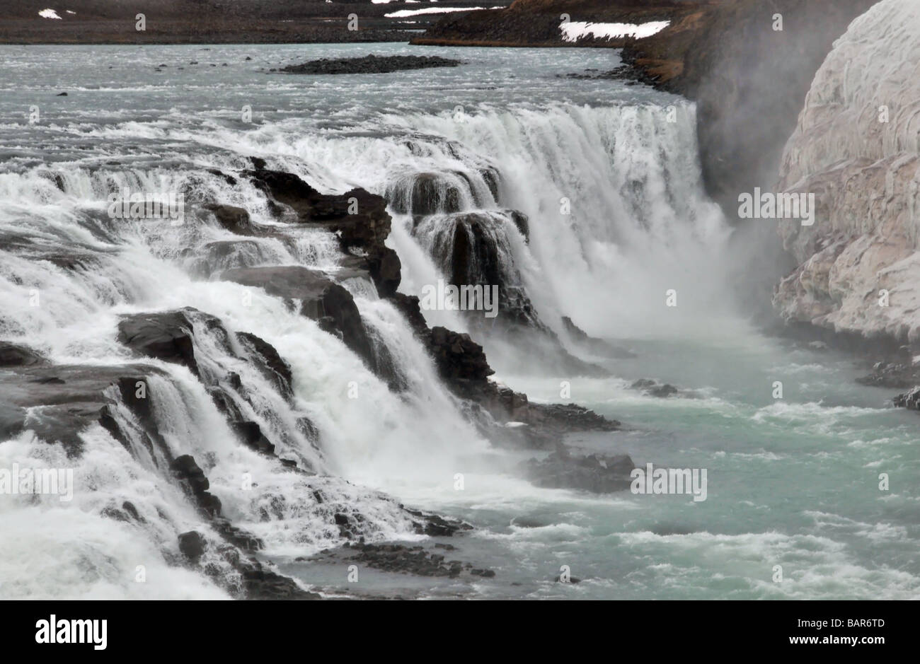 Der Gullfoss Wasserfall, South West Island: ein Zoom Aufnahme der ersten, Schritt 11m hoch in den Lauf des Flusses Hvita Stockfoto