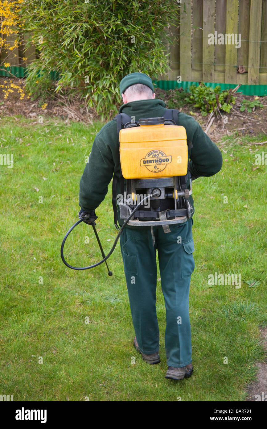Großbritannien UK Europa Mann chemischen Unkraut und Moos killer Rasen Behandlung im Garten Stockfoto