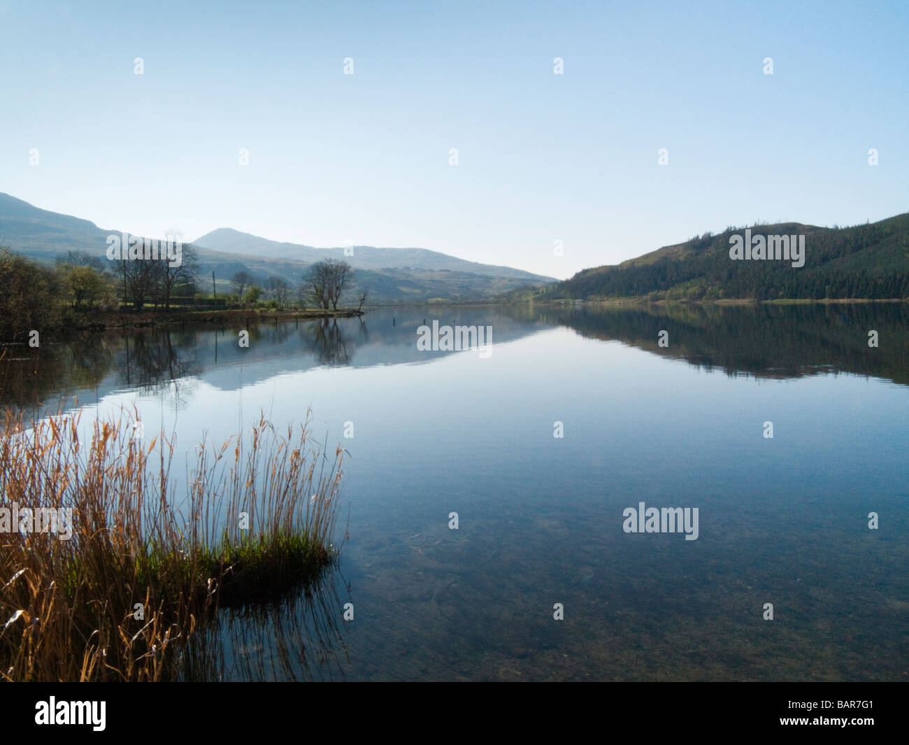 Nanty Betws Gwynedd North Wales UK April Blick entlang Llyn Cwellyn Reservoir mit Reflexionen in Snowdonia-Nationalpark Stockfoto