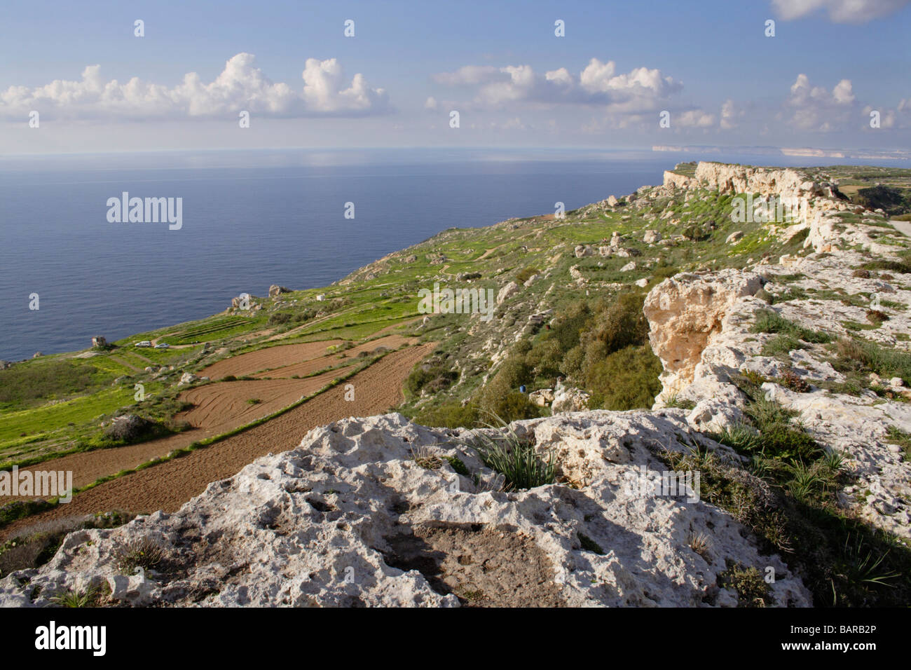 Kalkrücken an der Nordwestküste Maltas, einer mediterranen Insel in Europa. Maltesische ländliche Landschaft. Stockfoto