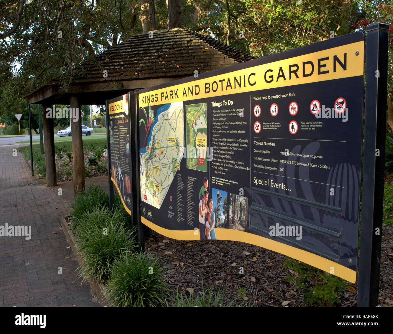 Des Königs Park und Botanischer Garten unterzeichnen am Eingang zum Kings Park, Perth, Western Australia Stockfoto