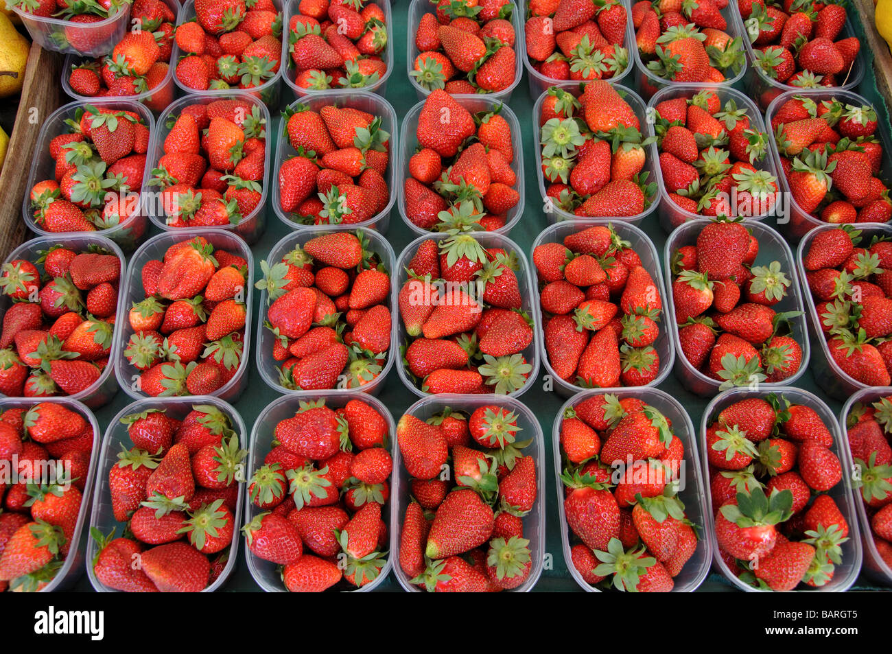 Erdbeeren auf Stall, Welwyn Garden City Samstagsmarkt, Welwyn Garden City Centre, Hertfordshire, England, Vereinigtes Königreich Stockfoto