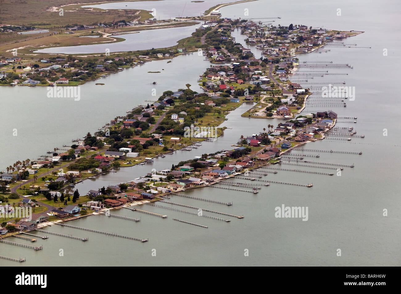 Luftbild oben am Wasser Häuser Texas Gulf coast Stockfoto