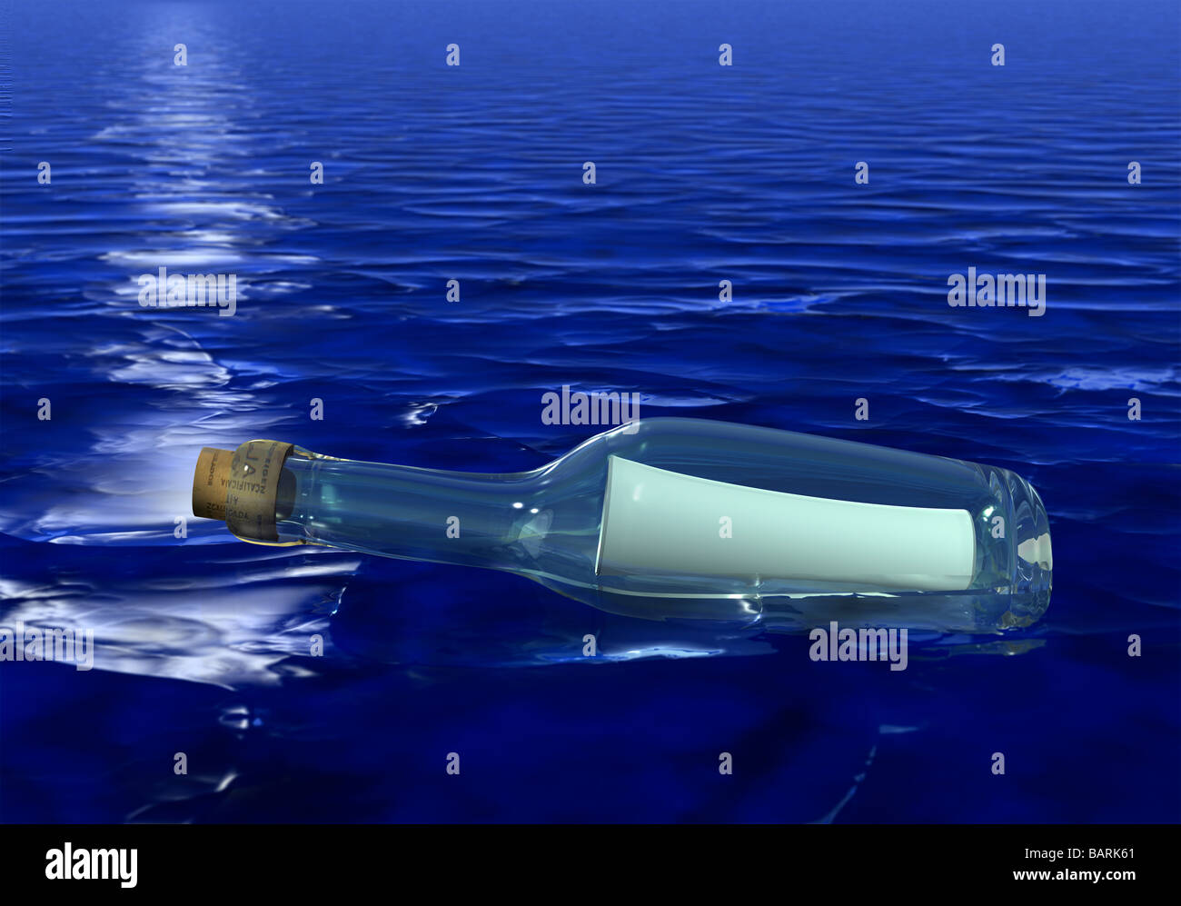 Eine Flaschenpost schwimmend im Meer (Cgi). Stockfoto