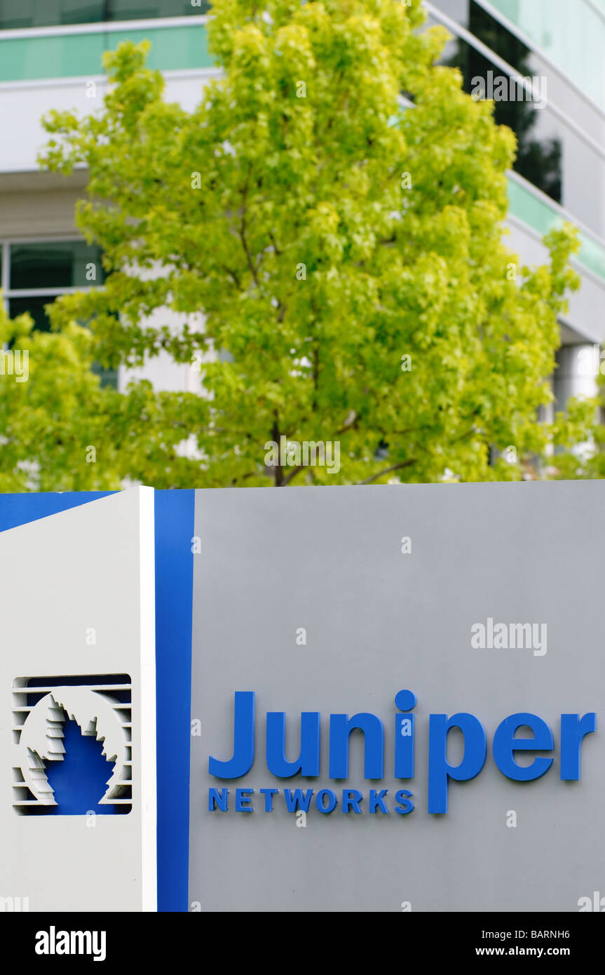 Jiniper Netzwerke Zeichen und Baum mit Buidling hinter. Stockfoto