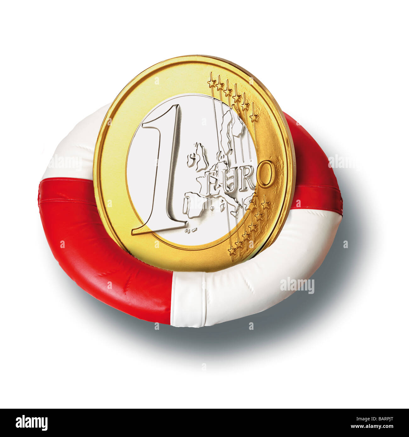 Euro-Münze in Rettungsring Stockfoto
