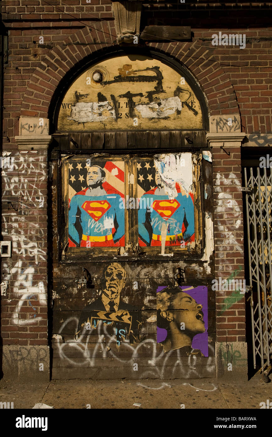 Barack Obama als Superman an einer Wand im East Village in New York City Stockfoto