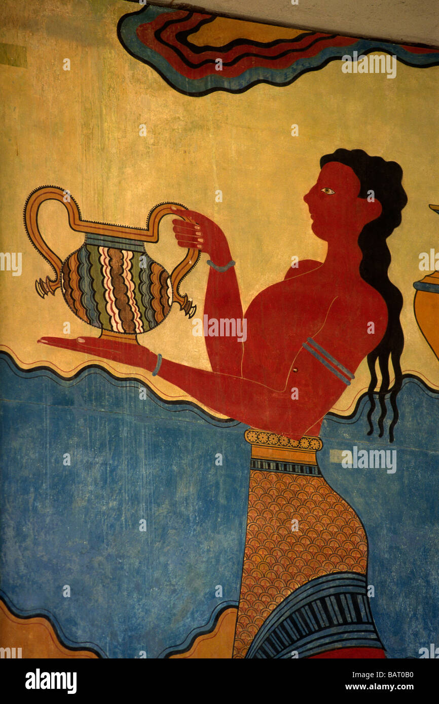 Griechenland, Kreta, Knossos, Minoischer Palast, Südpropylaeum, Prozession Fresko Gemälde aus nächster Nähe Stockfoto