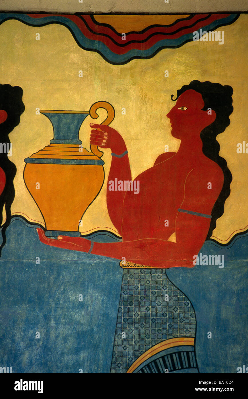 Griechenland, Kreta, Knossos, Minoischer Palast, Südpropylaeum, Prozession Fresko Gemälde aus nächster Nähe Stockfoto