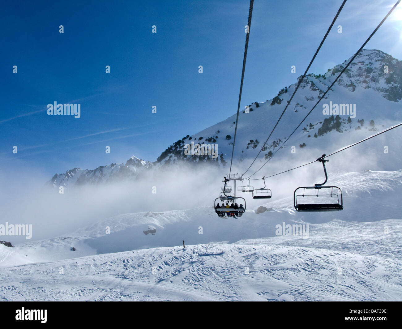 Skilift am La Mongie, Tourmalet Berge, Pyrenäen, Frankreich Stockfoto