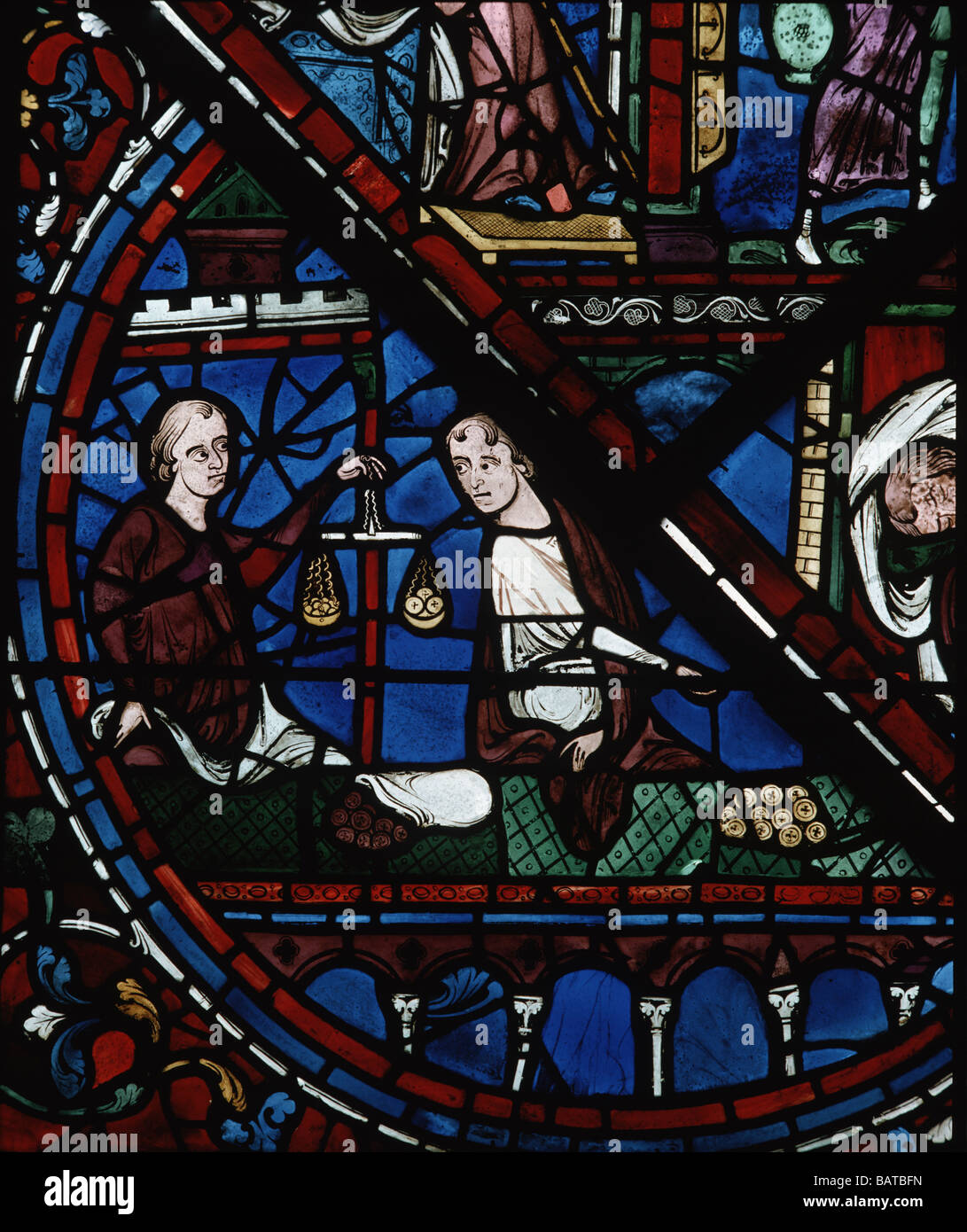 Geld-Wechsler Geber von Joseph Fenster Nr. 61 panel ich Chartres Kathedrale aus dem 13. Jahrhundert Stockfoto