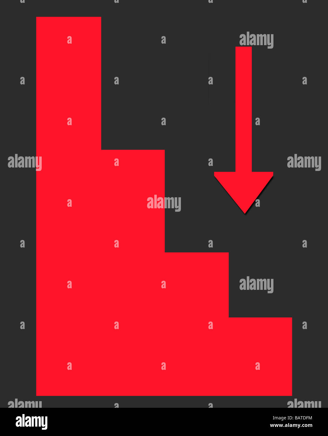 Illustration der rote Kurve auf schwarzem Hintergrund mit Pfeil zeigt Abwärtstrend Stockfoto