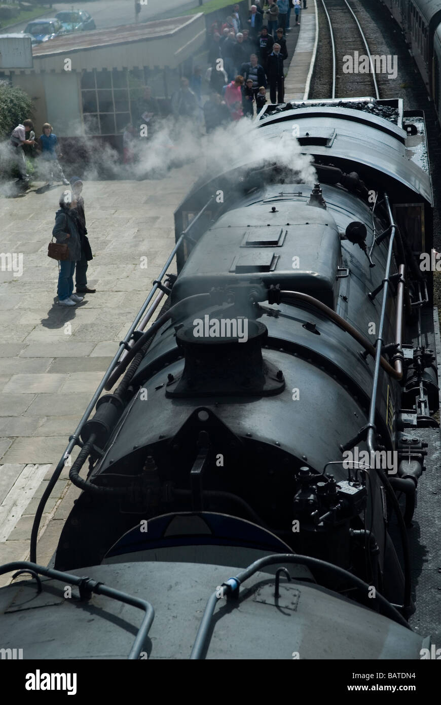 Erhöhte Ansicht einer Dampfmaschine Zug in Ramsbottom UK Stockfoto