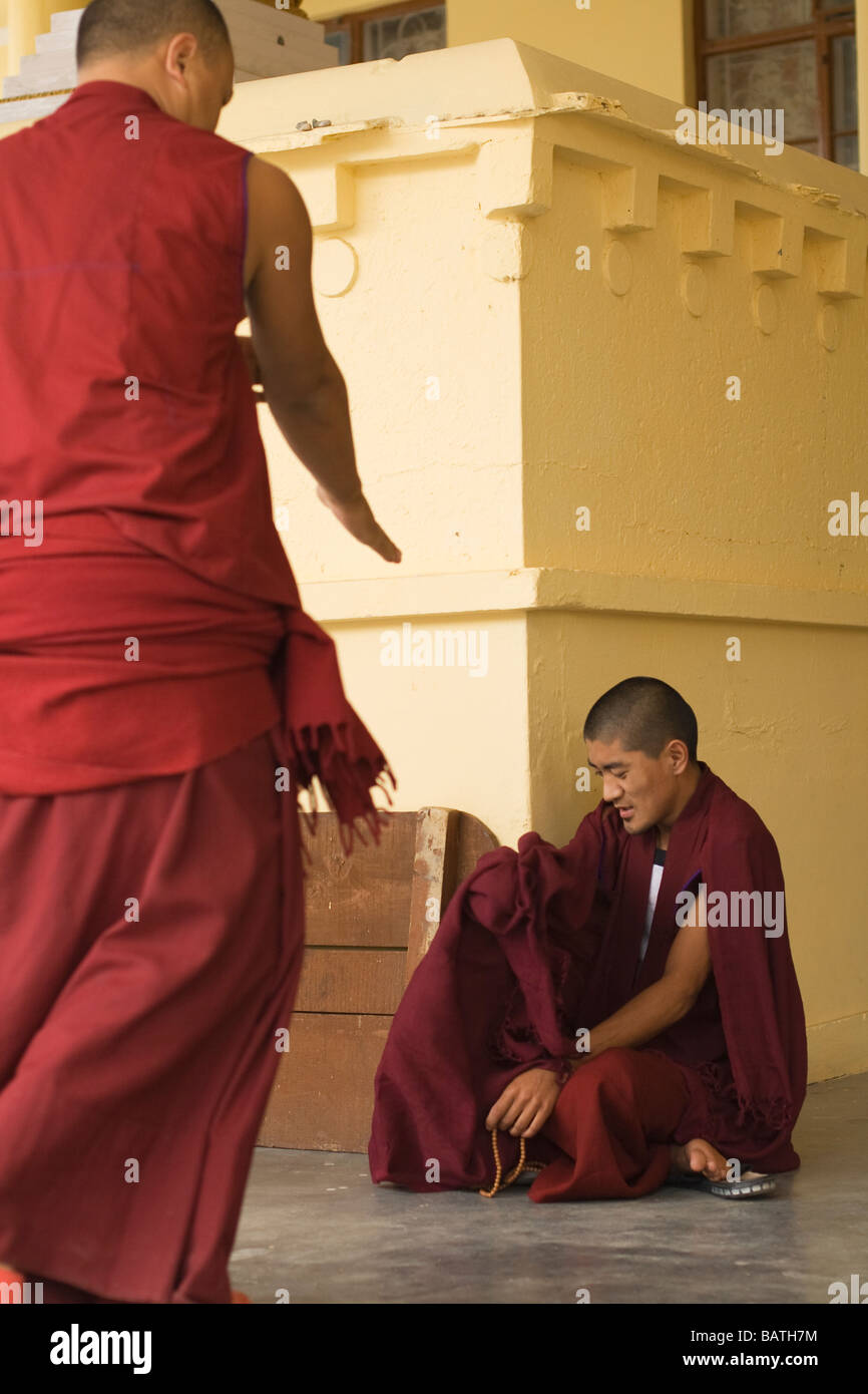 Tibetische buddhistische Mönche Debatte auf dem Tsuglagkhang Tempel in Mcleod Ganj, Dharamsala, Indien Stockfoto